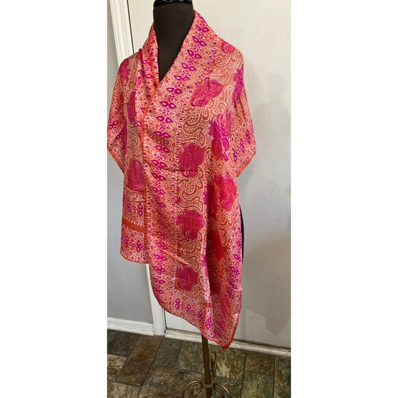 Vintage Scarf Orange And Pink Handwoven 100% Pure Silk Scarf Made in India - Picture 4 of 10